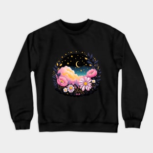 Aesthetic Clouds Starry Sky with Pink Flowers Crewneck Sweatshirt